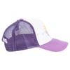 Purple and white trucker hat with mesh back and colorful abstract design on the front panel, viewed from the side.
