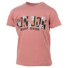 Reddish-pink T-shirt with Ron Jon Surf Shop text featuring floral and citrus designs.