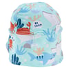 A light blue childrens hat with cartoon sea creatures, including sharks and crabs, coral, and bubbles; features a drawstring at the back.