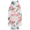A beverage can cooler with a tropical flamingo and palm tree pattern, featuring the text Ron Jon Surf Shop On Island Time in the center.