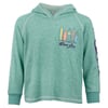 Green hoodie with colorful surfboard designs on the chest and a logo. Long sleeves with graphic detail on one sleeve.