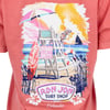 Back of a pink Ron Jon Surf Shop t-shirt featuring a lifeguard chair with a dog sitting on it, a surfboard, and a beach scene with a sailboat and Orlando written at the bottom.