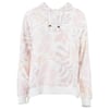 A white hoodie with a soft abstract floral print in pastel pink and beige, featuring a drawstring hood and front kangaroo pocket.