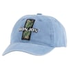 Light blue baseball cap with a curved brim, featuring a sewn patch that reads RON JON over a black background with green leaves and small flowers.