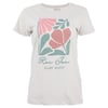 White T-shirt featuring abstract floral design in pink and green, with Ron Jon Surf Shop text printed below.