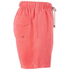 Side view of coral pink shorts with an elastic waistband, drawstring, and back pocket.