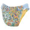 Colorful paisley-patterned bikini bottom with ruched light blue side straps and a yellow inner lining, displayed against a white background.