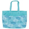 Teal beach tote bag featuring Ron Jon Surf Shop logos in blue on pocket and sides.