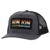 Gray and black mesh trucker hat with a Ron Jon Surf Shop patch in colorful letters on the front.