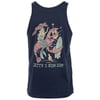 Navy tank top with illustration: mermaid on a lobster holding guitar, surrounded by fish. Banner reads Paradise. Text at bottom says Jetty x Ron Jon.