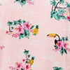 Patterned fabric with pink background featuring tropical scenes: toucans, pineapples, palm trees, and pink hibiscus flowers.