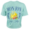 A mint T-shirt featuring a Ron Jon Surf Shop logo with illustrations of lemons, oranges, and strawberries on the back.