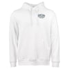 White hoodie with Ron Jon Surf Shop logo on the left chest. Features a front pocket and drawstring hood.