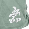 Green fabric with white turtle graphic and Ron Jon text printed on it.