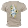 Back of a beige T-shirt featuring a surfboard design surrounded by sunflowers with text Queens Surf Co and Rock on Surf Shop.
