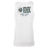 White sleeveless shirt displaying Salty Crew and Ron Jon Surf Shop logos on the back, with floral and ocean-themed designs.