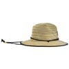 A straw wide-brimmed hat with a black chin strap and a wooden bead, shown in profile view.