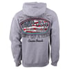 A gray gun metal hoodie with Ron Jon Surf Shop One of a Kind Cocoa Beach and a colorful logo printed on the back.