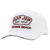 A white baseball cap featuring the Ron Jon Surf Shop Orange Beach logo on the front and RON JON SURF SHOP text along the curved edge of the brim.