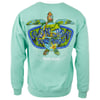 Aqua sweatshirt featuring a colorful sea turtle design with Ron Jon Surf Shop and Myrtle Beach text on the back.