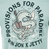 T-shirt design with a snake wrapped around a guitar, surfboard, and bottle. Text reads Provisions for Paradise Ron Jon x Jetty.