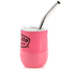 A pink insulated tumbler with a stainless steel straw and a clear lid, featuring a logo on the front.