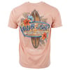 Back view of a pink T-shirt with Ron Jon Surf Shop and Myrtle Beach printed alongside a surfboard and flowers.