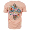 Back of a T-shirt featuring a surfboard design with flowers and the text Ron Jon Surf Shop, Panama City Beach.