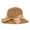 A woven straw hat with a wide brim and a beige fabric bow tied around the base.