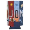 A foam can cooler with vertical stripes, featuring the words JON SHOP, a dolphin, sun, footprints, and MD initials in a beach-themed design.
