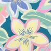 Close-up of a floral pattern featuring pastel-colored flowers and leaves on a teal background.