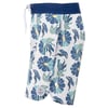 White and blue board shorts featuring a floral pattern, blue waistband, white drawstring, and a round logo patch near the hem.