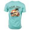 Turquoise T-shirt featuring a beach scene with palm trees and surfboards. Text reads Ron Jon Surf Shop, Cocoa Beach.
