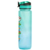 A gradient water bottle with a green to blue transition, featuring a flip-top lid and colorful text and signs on the side.