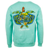 A turquoise sweatshirt featuring a colorful turtle design with Ron Jon Surf Shop text and Pensacola Beach printed on the back.