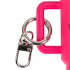 Close-up of a silver metal keychain clasp attached to a pink plastic handle.