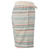 Side view of multicolored striped shorts with a pocket and drawstring waistband, featuring a pastel color palette.