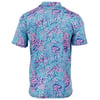 Back view of a short-sleeve shirt featuring a vibrant tropical leaf print in blue and pink hues.