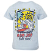 Light blue T-shirt with a colorful graphic of a surfer on a wave, palm tree, and spiral sun. Text reads Ron Jon Surf Shop.