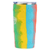 A colorful tumbler with a yellow, green, blue, and red gradient, decorated with raised turtle designs and a clear lid.