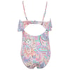 One-piece swimsuit with thin straps and a cutout back, featuring a colorful paisley pattern in pastel shades.