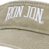 Close-up of a khaki visor cap displaying the embroidered text Ron Jon in white.