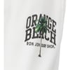 White fabric featuring the text ORANGE BEACH RON JON SURF SHOP with a graphic of a palm tree beside the lettering.