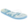 A blue flip-flop sandal with a white strap and a wave pattern on the footbed.