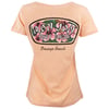 Peach-colored T-shirt with Ron Jon Surf Shop and Orange Beach printed, featuring floral and surfboard design on the back.
