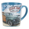 Blue ceramic mug featuring a vintage car on a beach with the Ron Jon Surf Shop logo in red and black on a white sign background.