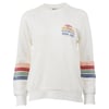 White sweatshirt featuring multicolored stripes on the sleeves and a small Ron Jon Clearwater Beach logo with a sunset and palm tree graphic on the chest.