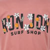 Pink shirt with Ron Jon Surf Shop text, decorated with illustrations of oranges and white flowers.