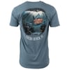 Blue T-shirt featuring an underwater scene with a shark and a rusty barrel, with text Cocoa Beach, FL. The back of the shirt displays the design.