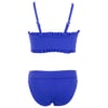 Two-piece blue bikini set on a plain white background. The top features ruffled edges with adjustable straps. The bottom has a textured finish.